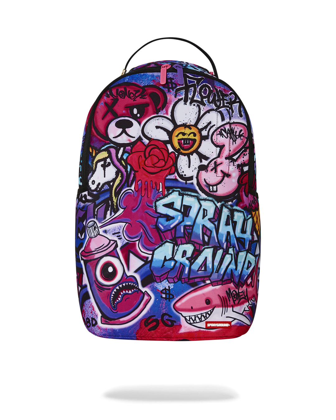 Front view of Sprayground backpack showing gold zippers and designer badge