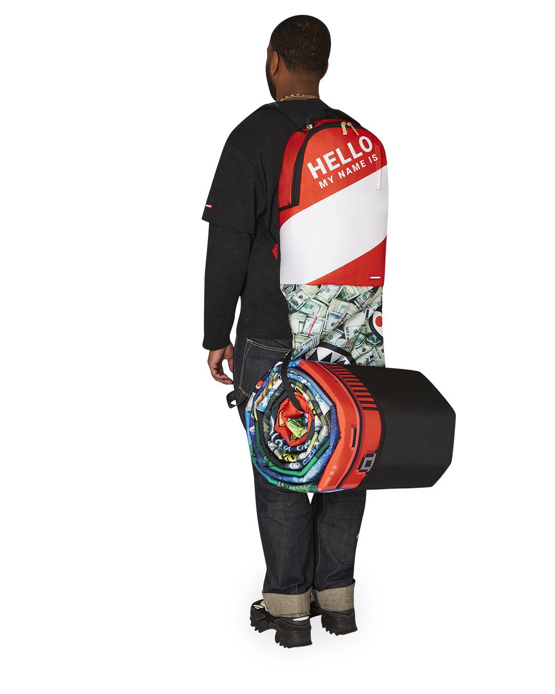 Side profile of the Sprayground luxury backpack highlighting its ergonomic features.