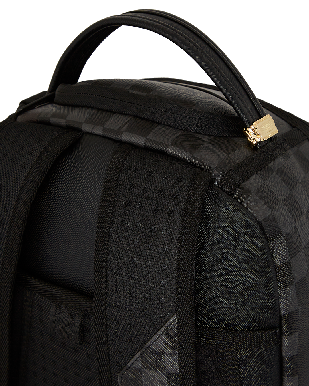 Side view of faux leather mini backpack with Gerald print and gold zippers