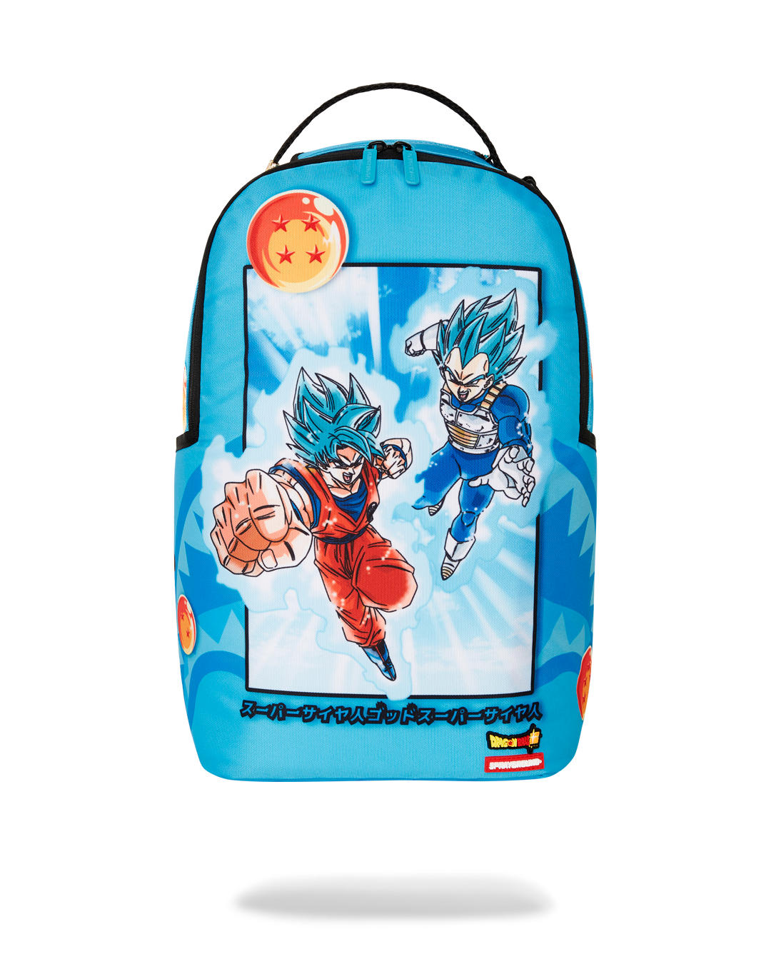 Close-up of Dragon Ball Z backpack showing Goku Super Saiyan Blue artwork and zipper details