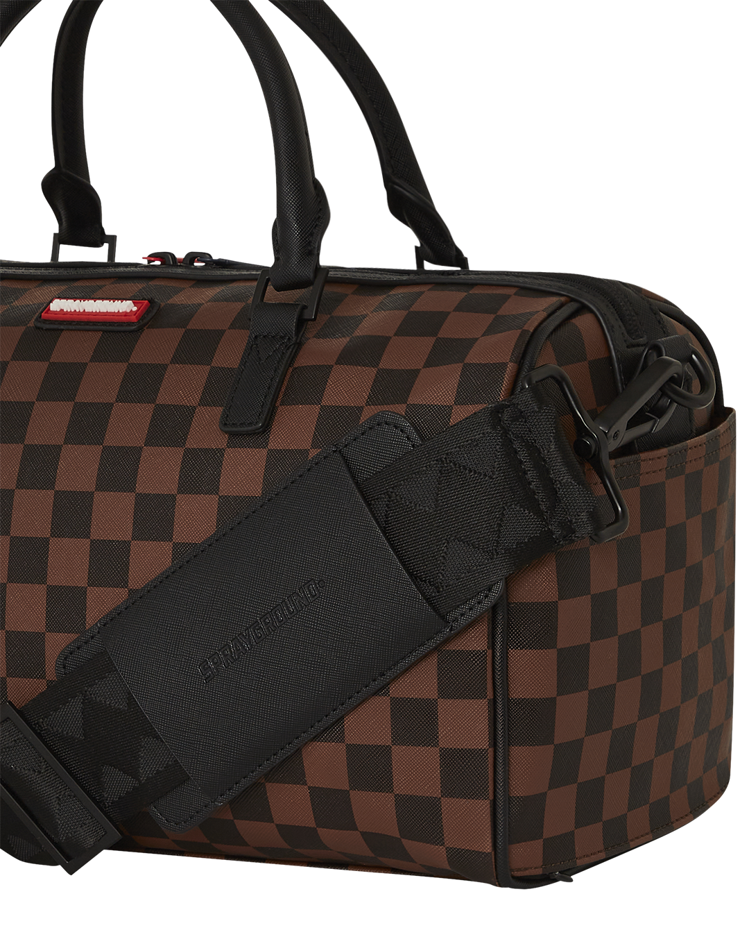 Close-up of the bags interior pockets and faux leather material.