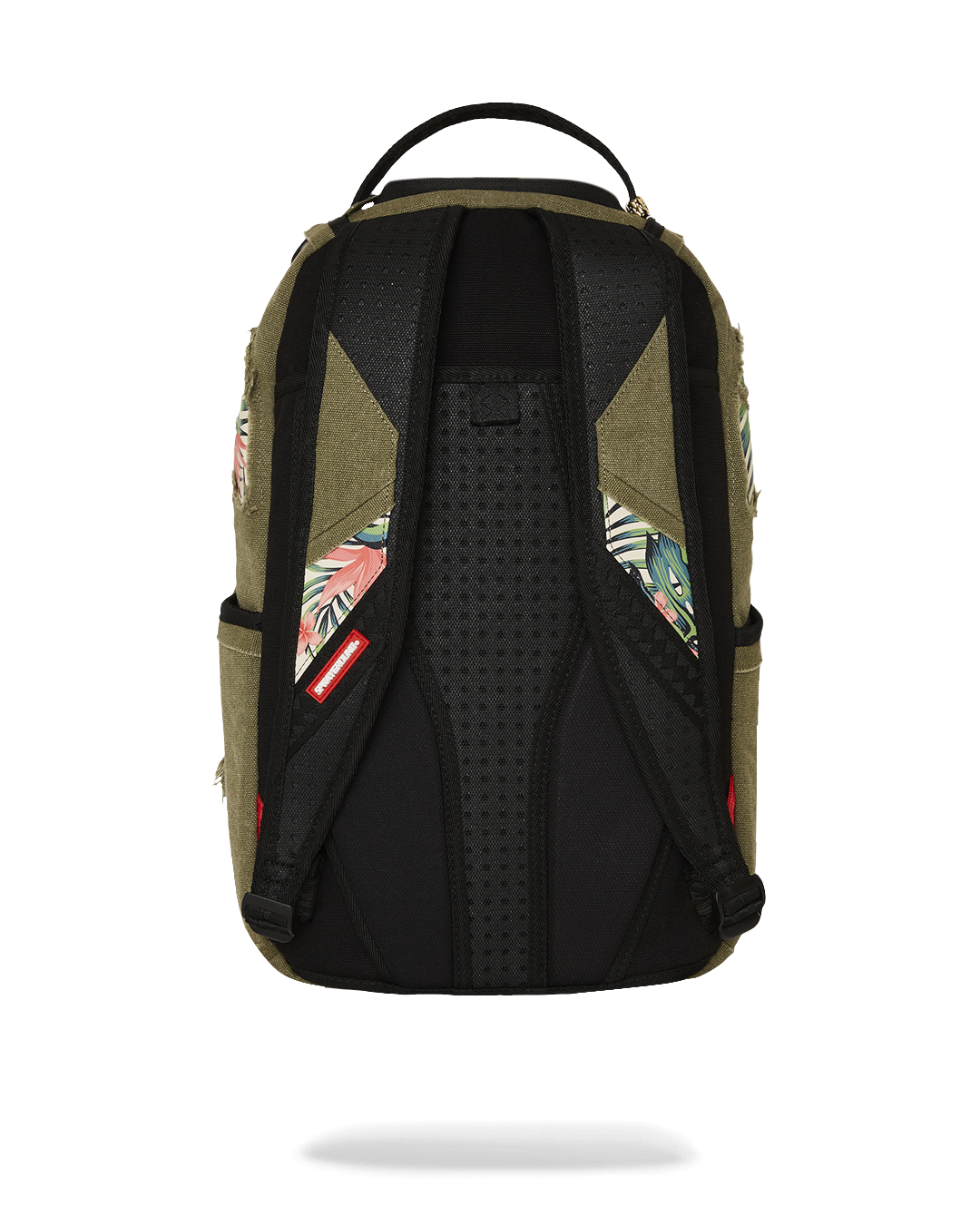 Front angle of black tactical backpack showing shark patch and fringe details