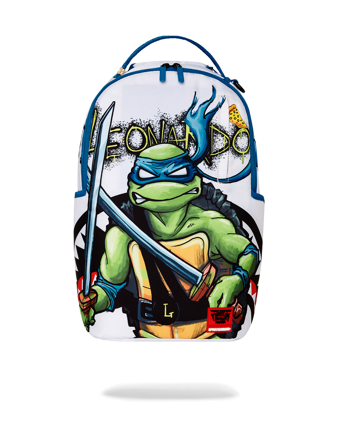 Ninja Turtle backpack with Leonardo Katana design, pink color, and metal pizza puller