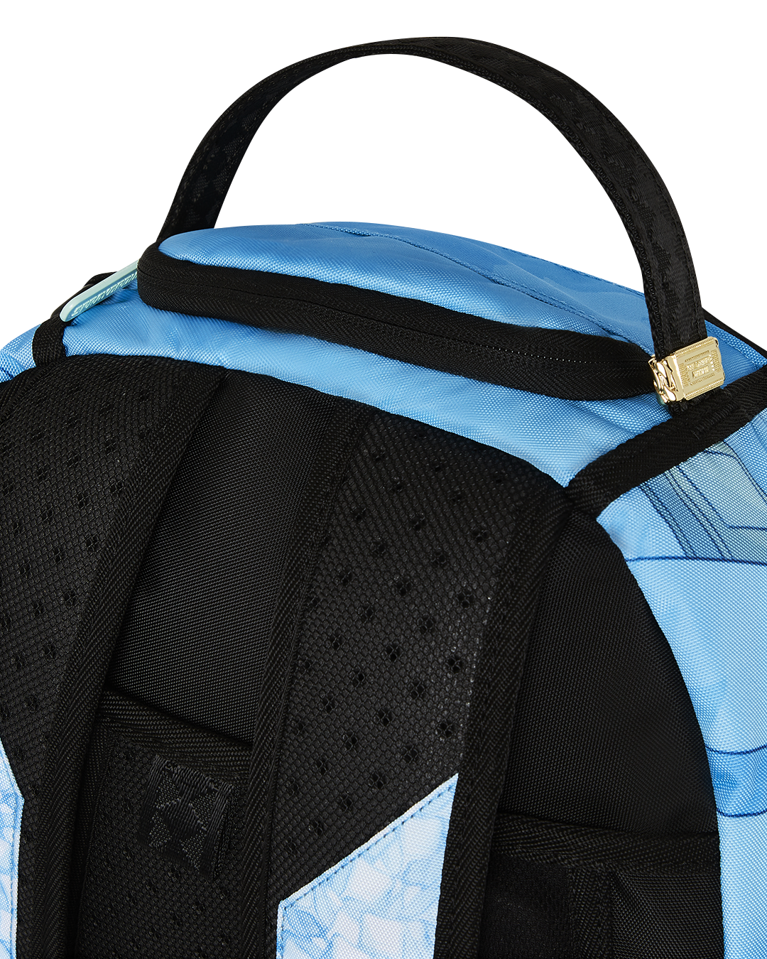 Front view of leather laptop backpack with gold zippers for women