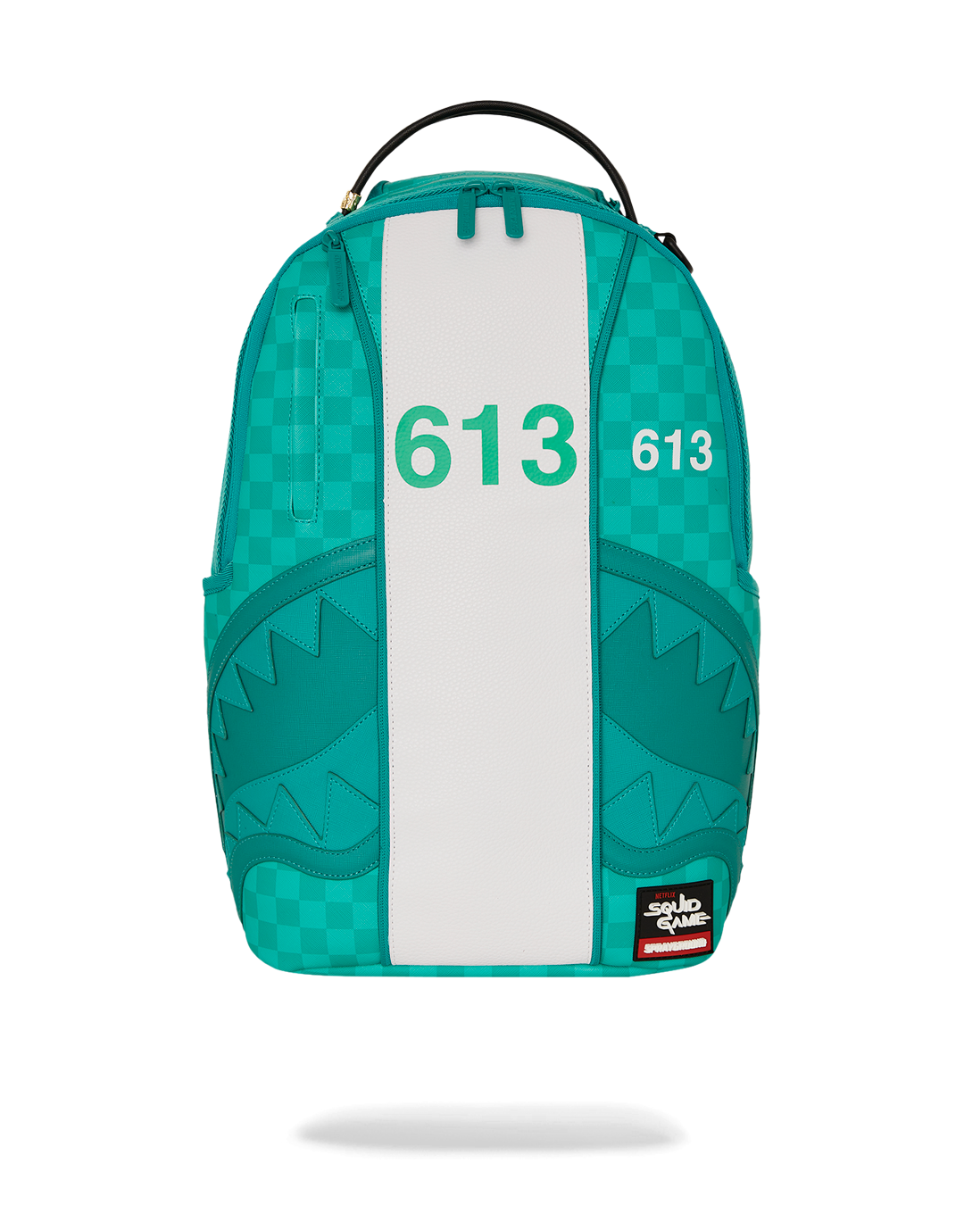 Sharkmouth jumpsuit backpack showcasing front and side pockets, perfect for travel.