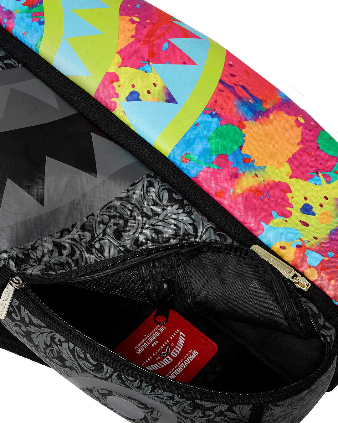 Close-up of the split backpack design with center zipper visible