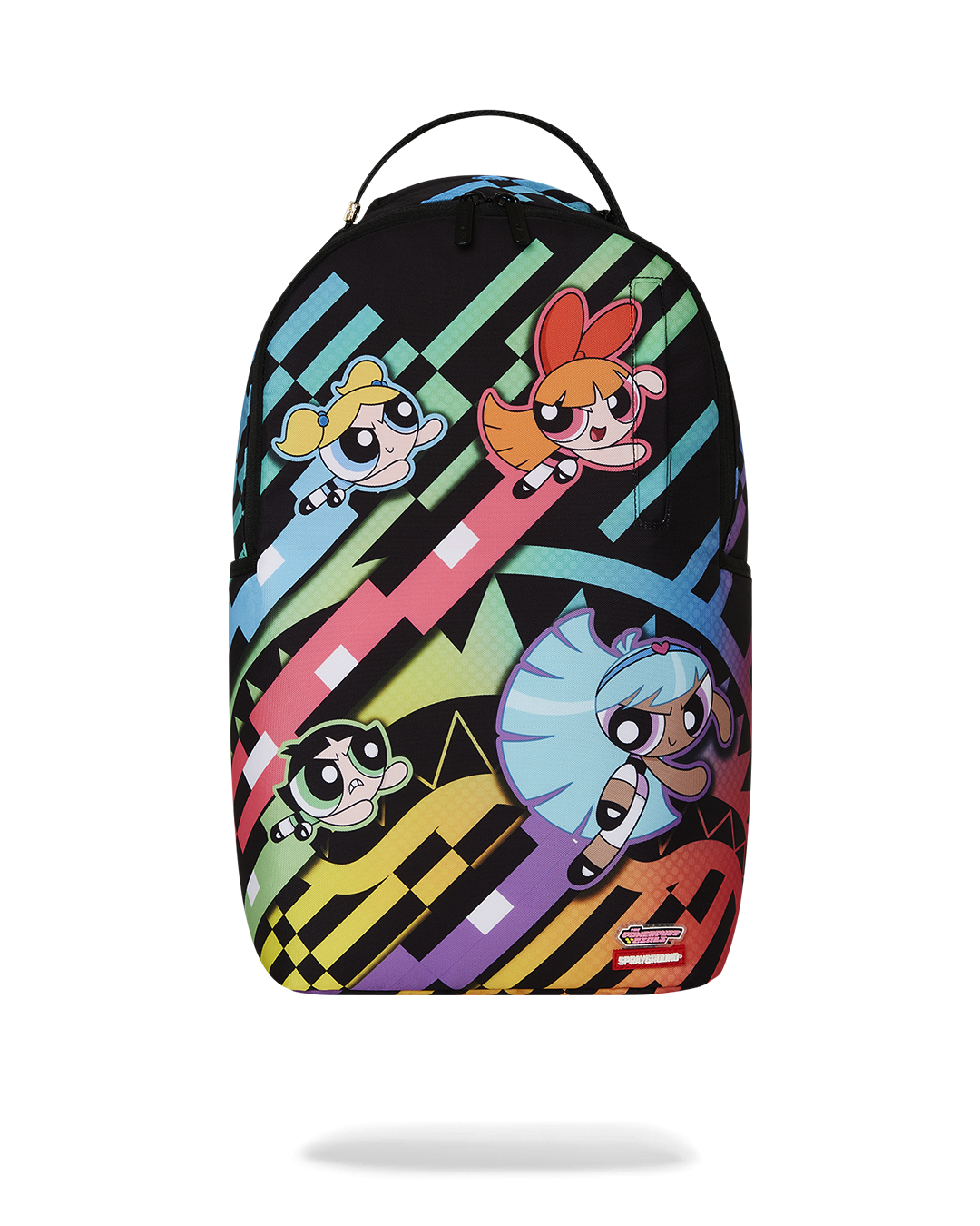 Front view of Powerpuff Girls rainbow smash cartoon backpack for kids