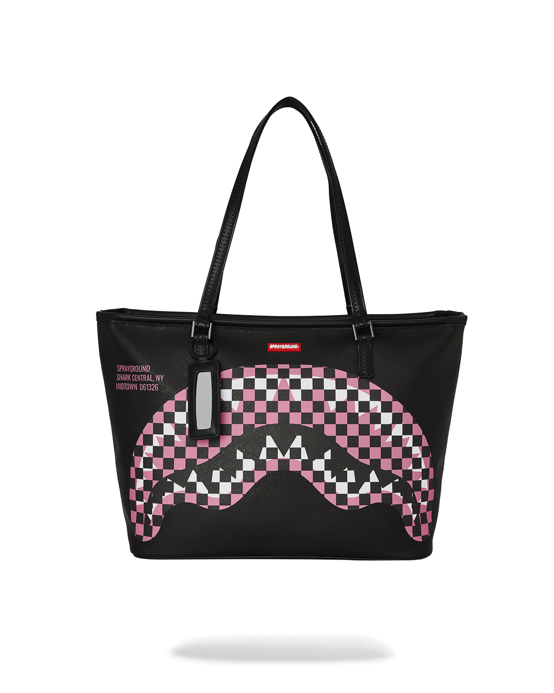 Close-up of shark print design on black faux leather tote bag