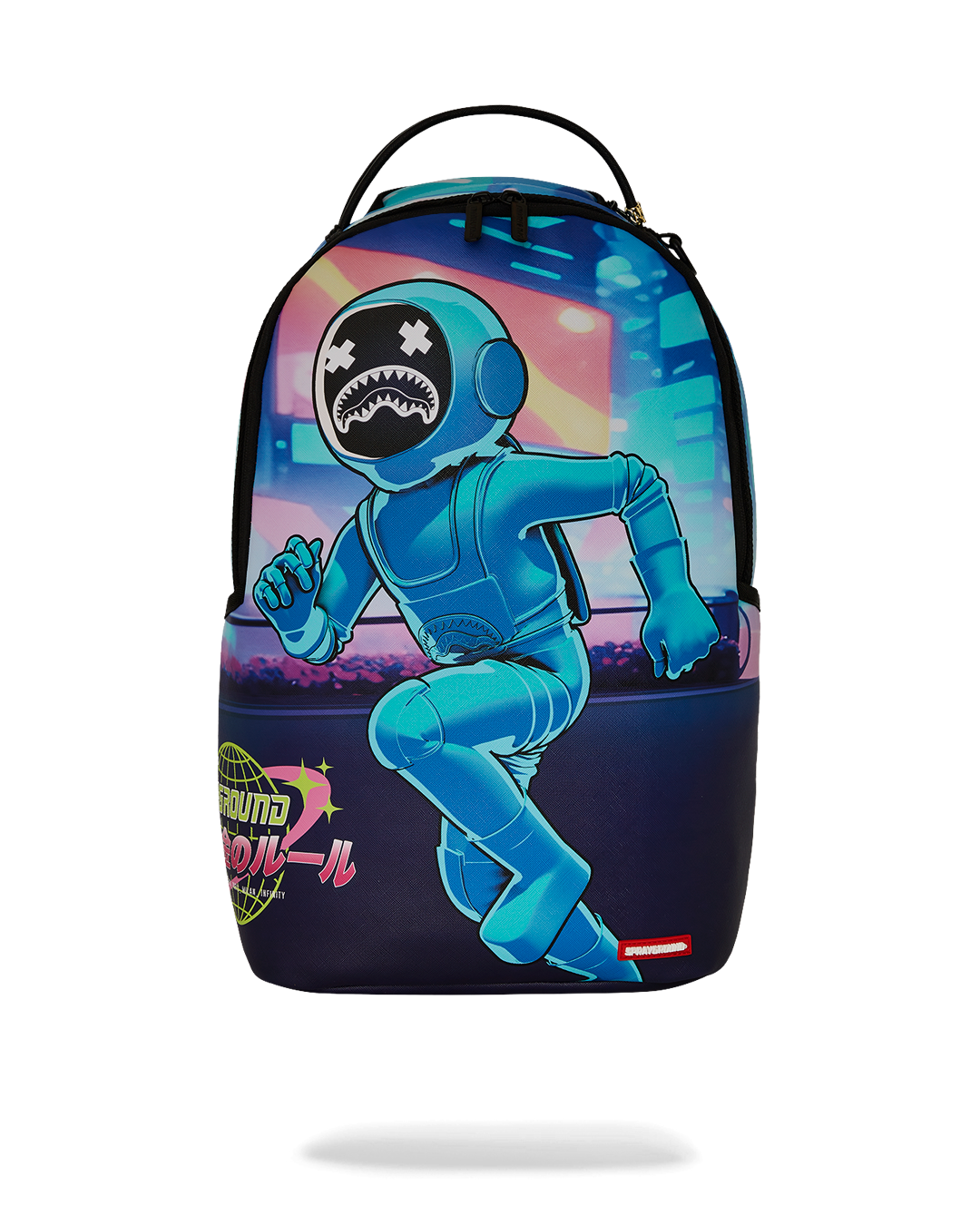Front view of Astromane space themed backpack with zip compartments and gold hardware