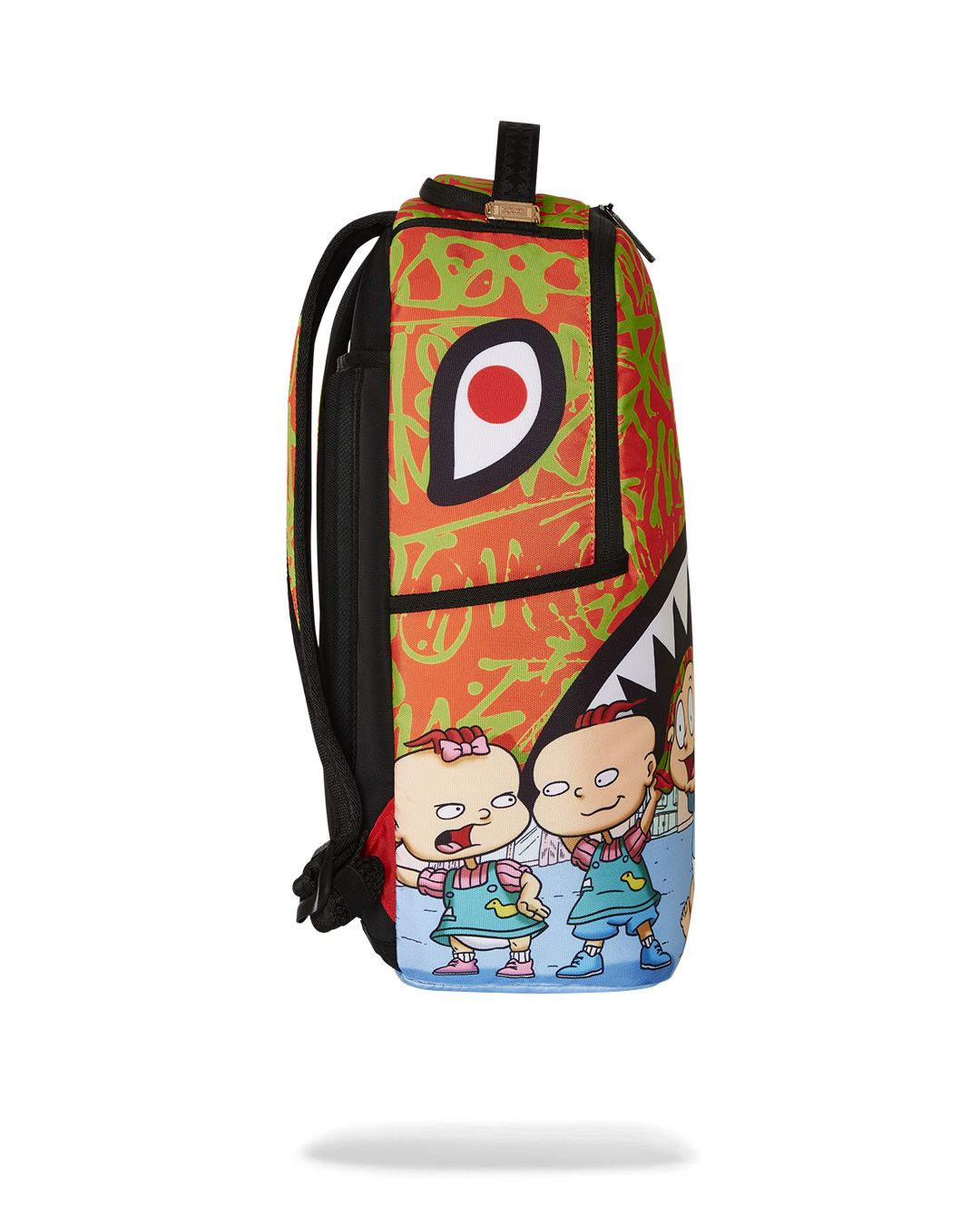 Stylish Rugrats travelers backpack with gold zippers and unique design features.