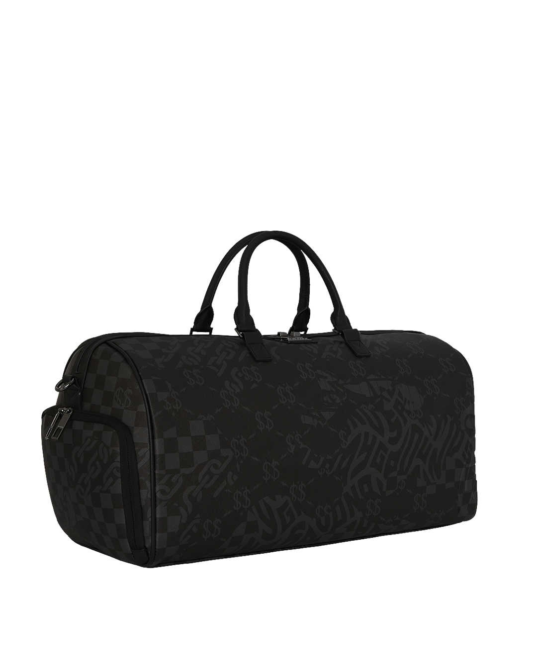 Close-up of duffle bags zippered pockets and metal hardware