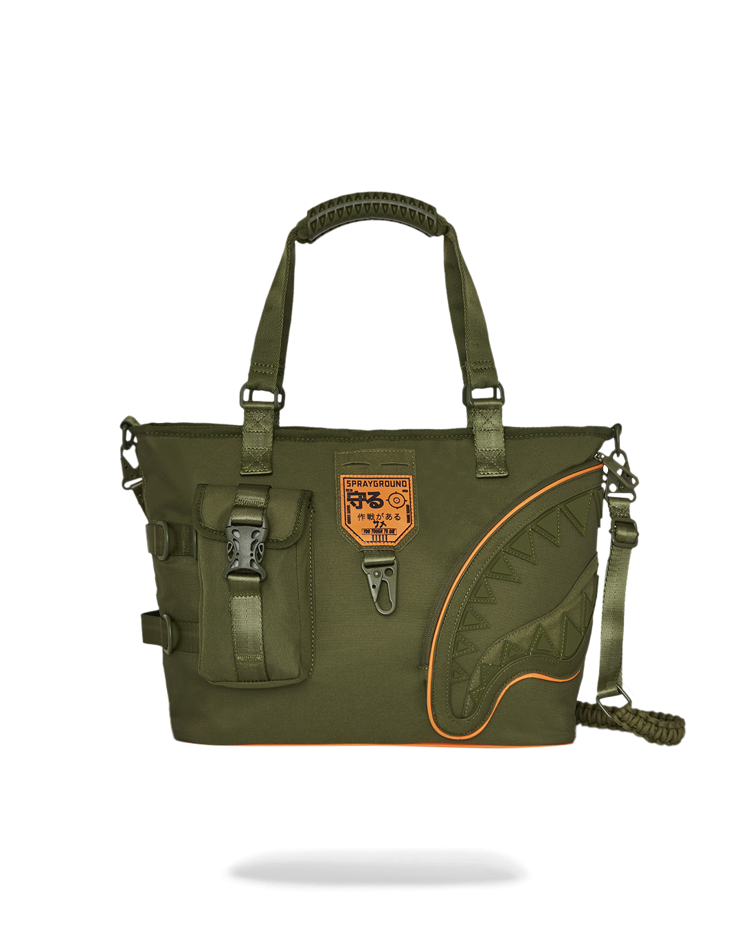 Front view of Sprayground shark tote bag on urban city street