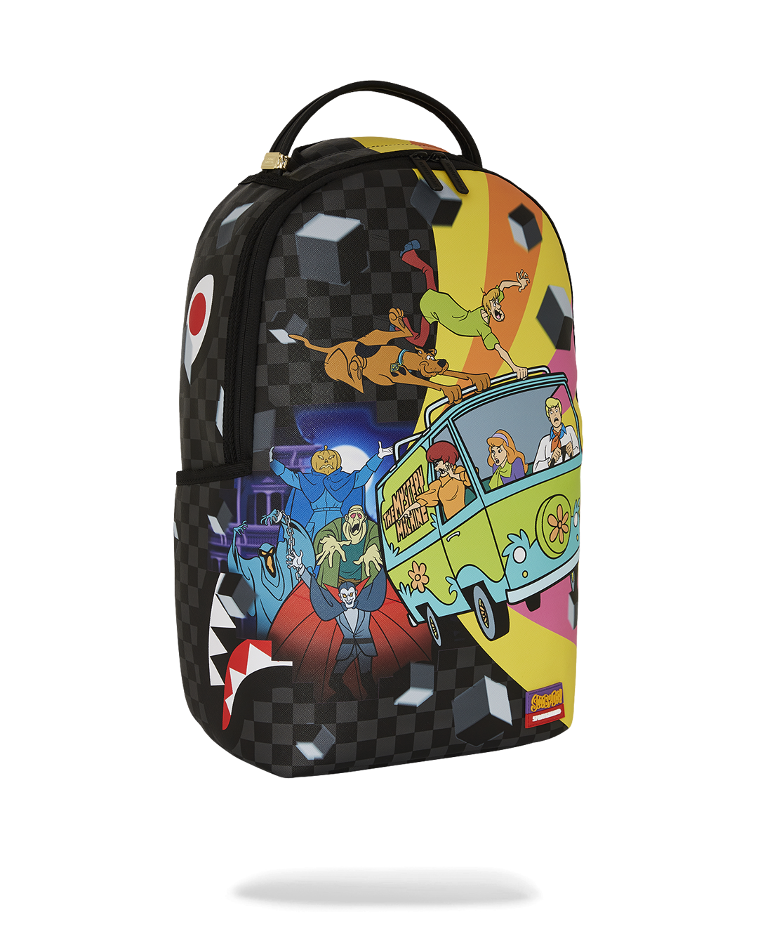 Close-up of the backpack’s zippered compartments and gold hardware