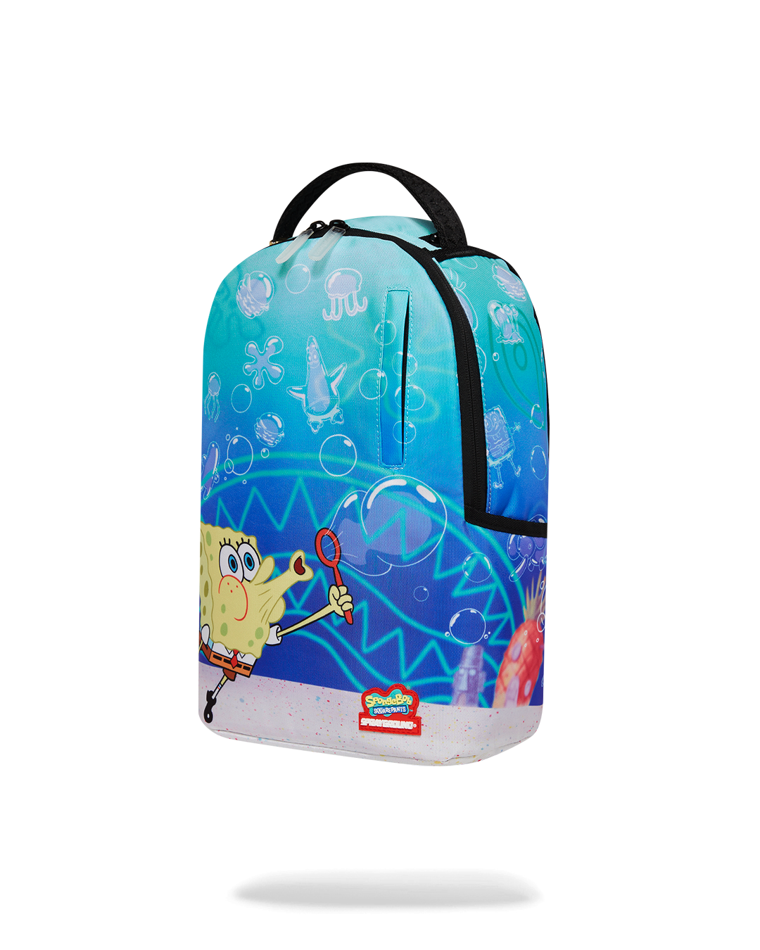 Side angle showing adjustable mesh straps and luggage sleeve