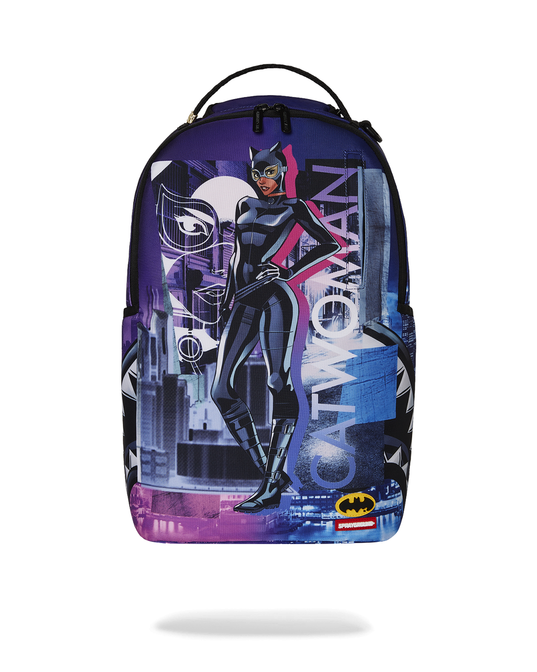 Close-up of gold zippers and metal hardware on Catwoman backpack.