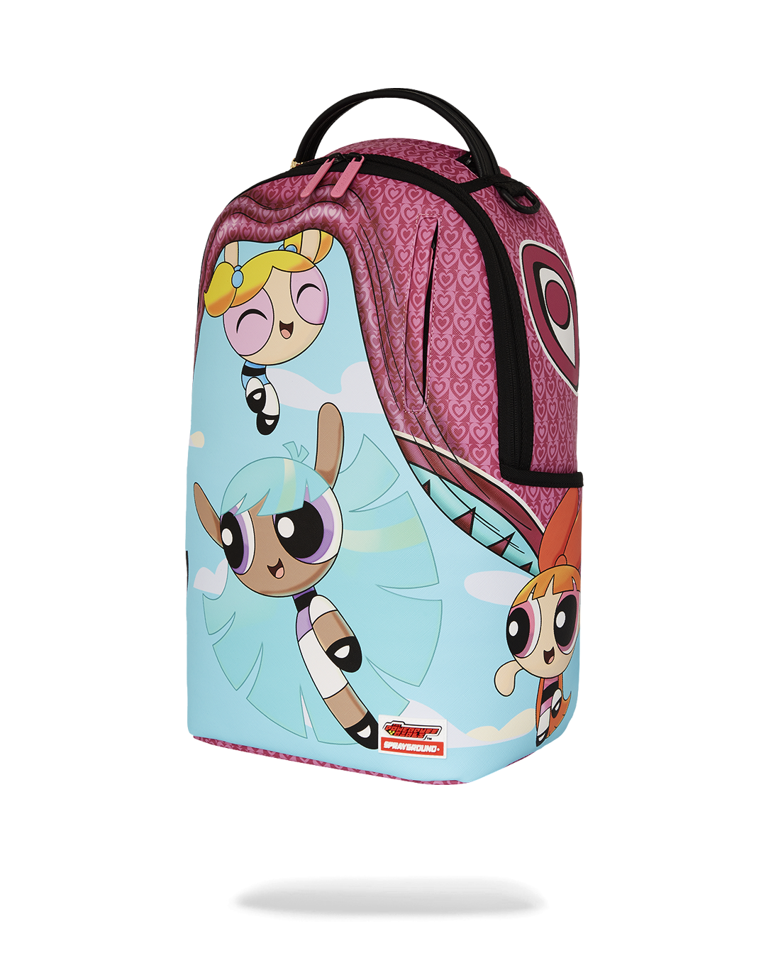 Side angle of the clear Sprayground backpack with adjustable straps.