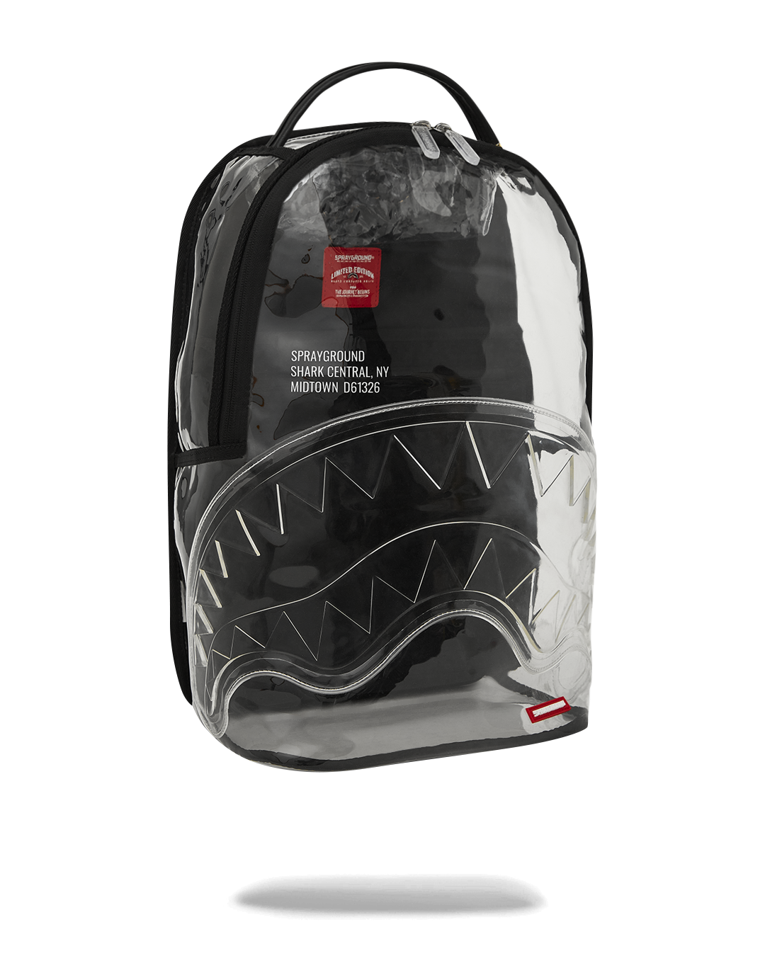 Side pockets and adjustable straps of the Shark Central clear backpack.