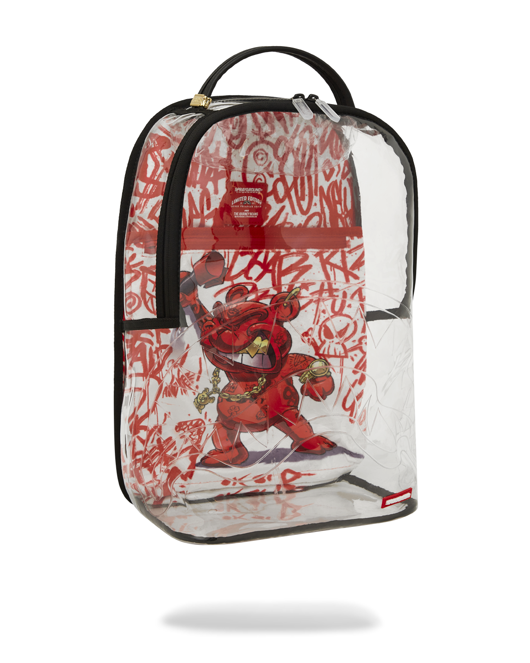 Transparent PVC Sprayground backpack with ergonomic mesh back padding, back view.