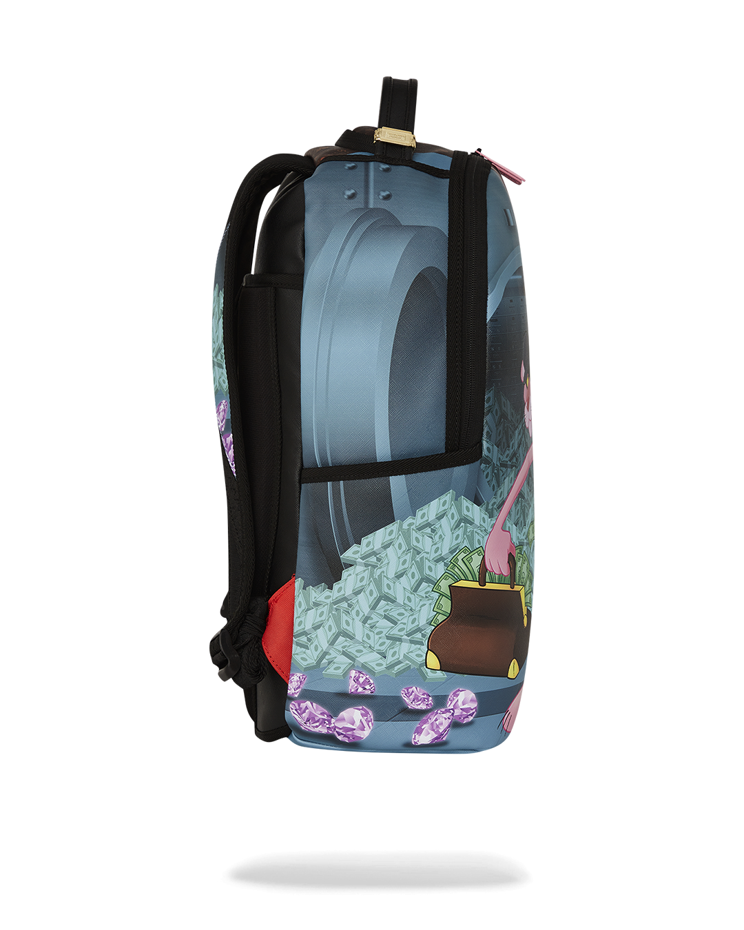 Interior view of leather laptop backpack showing velour compartment and organizer