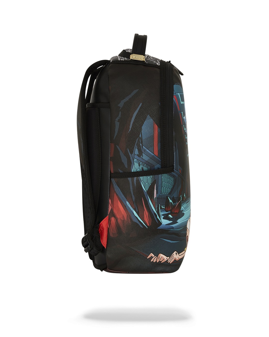 Interior of Rick and Morty backpack displaying laptop compartment and organizer pocket.