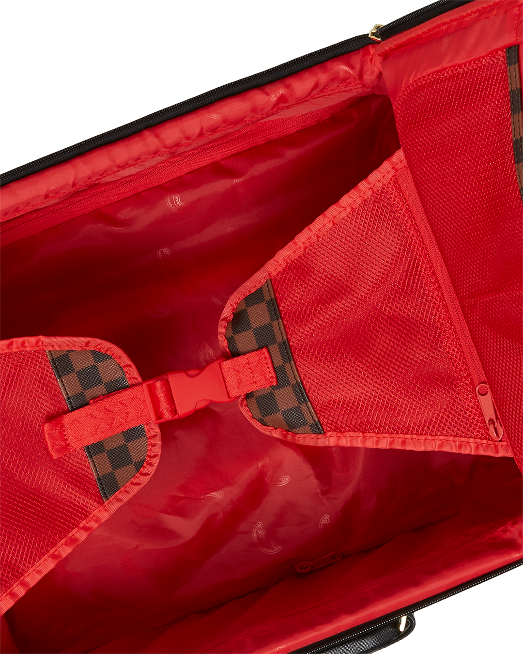 Interior view of the Checkpoint Royale Carry-On Luggage, highlighting its multiple pockets and compression straps for organized packing.