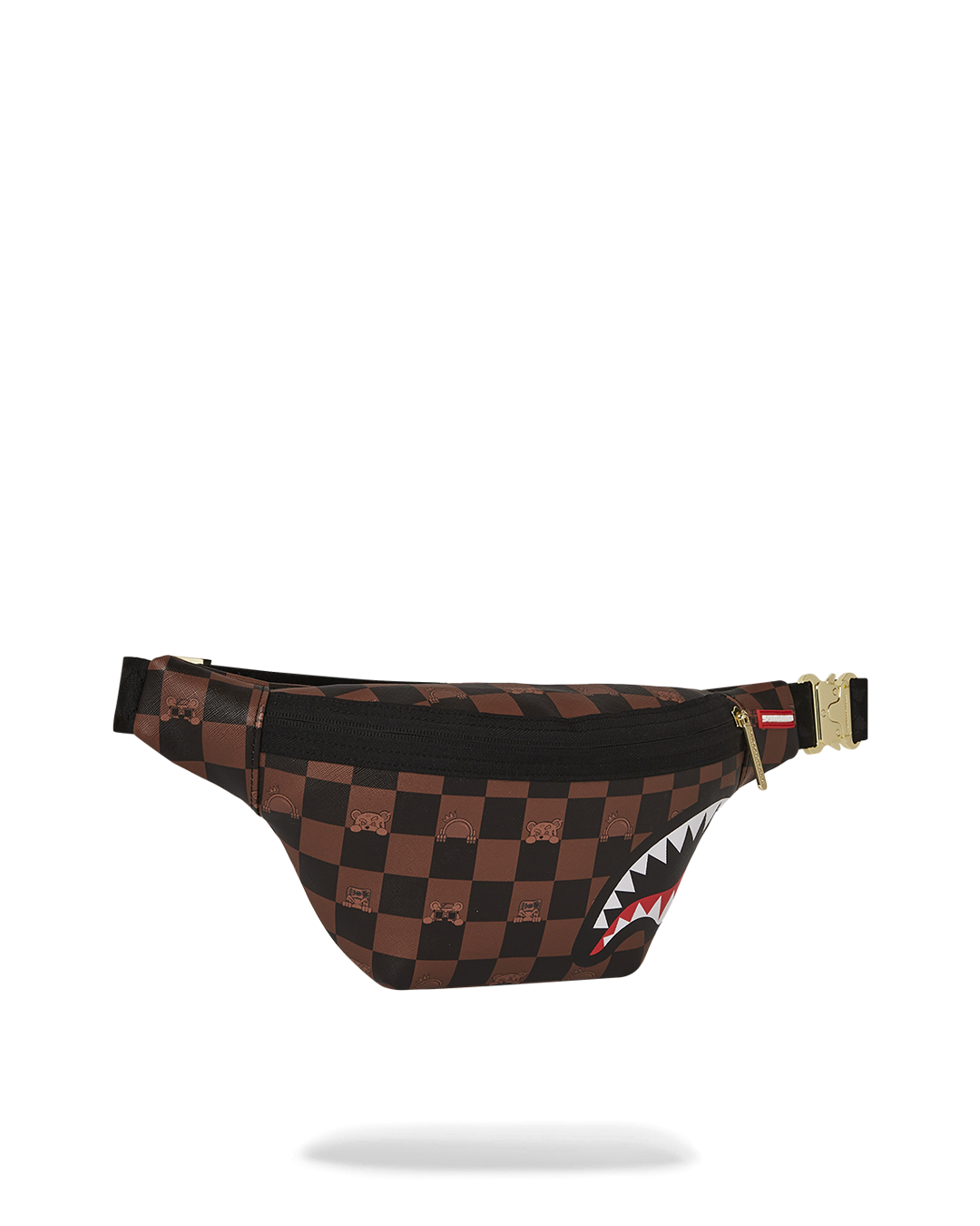 Detailed view of the bags red zippered pocket and faux leather texture