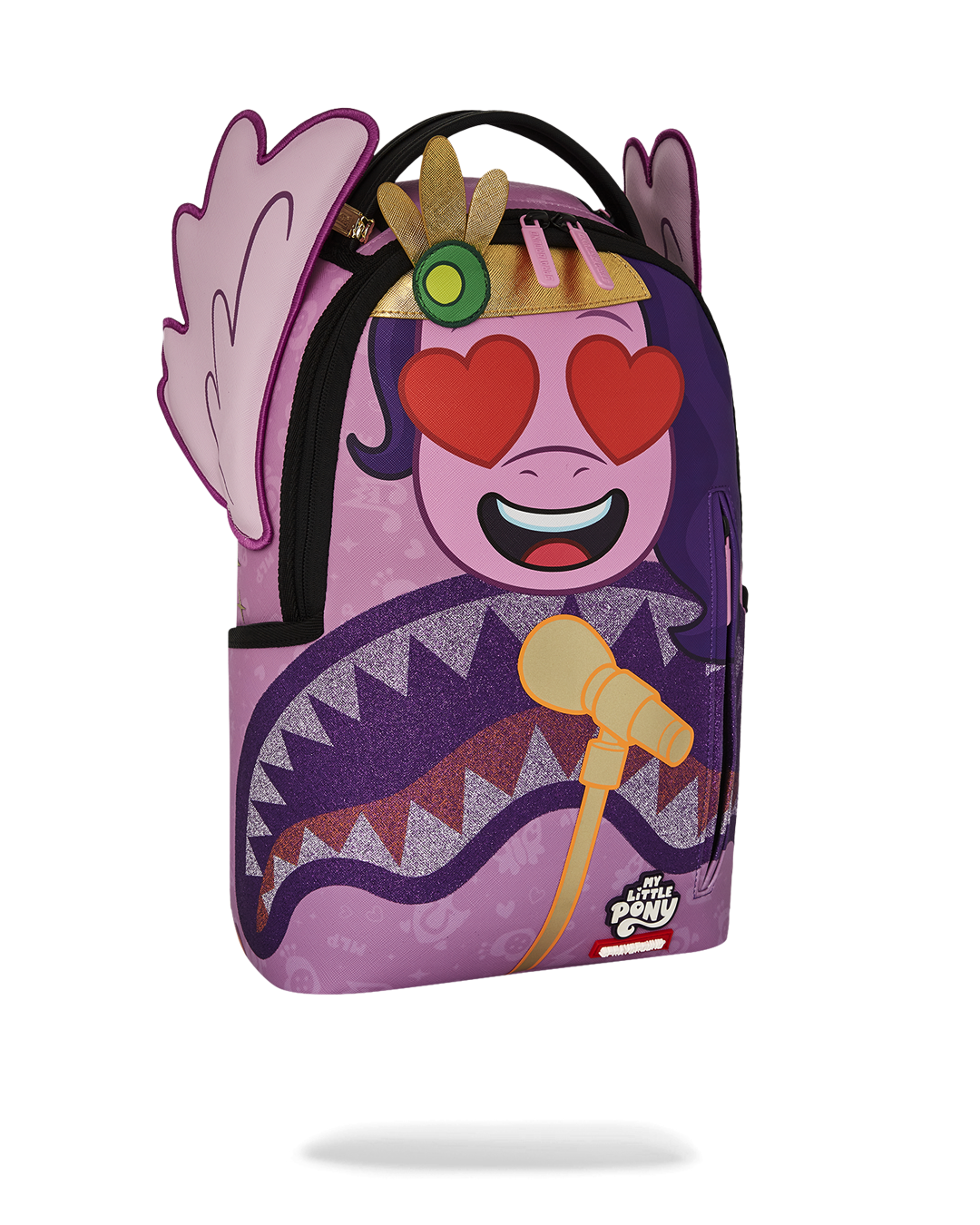Front view highlighting the crown and wing embroidery on the backpack