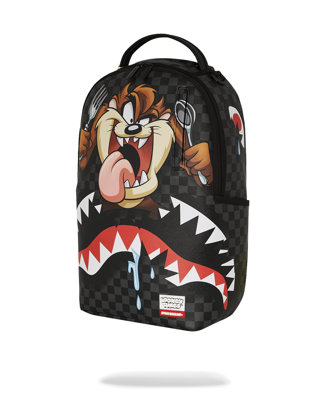Side profile of the Looney Tunes backpack showing velour sunglass pocket and gold zippers