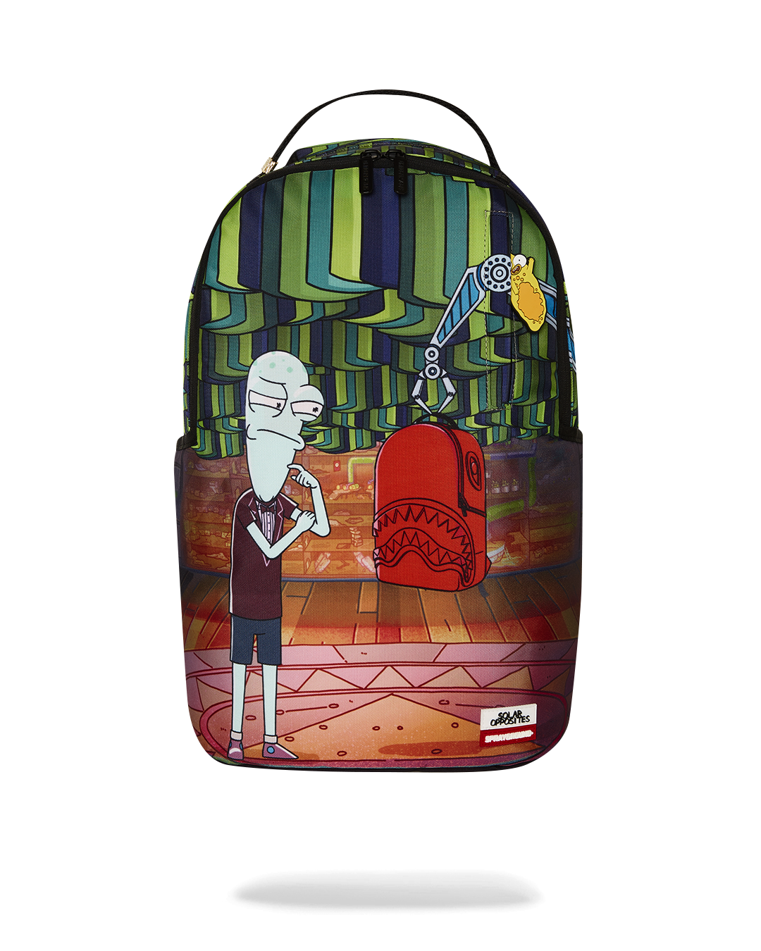 Front view of the DLXR Solar Opposites backpack showcasing its unique Pupa puller and gold zippers.