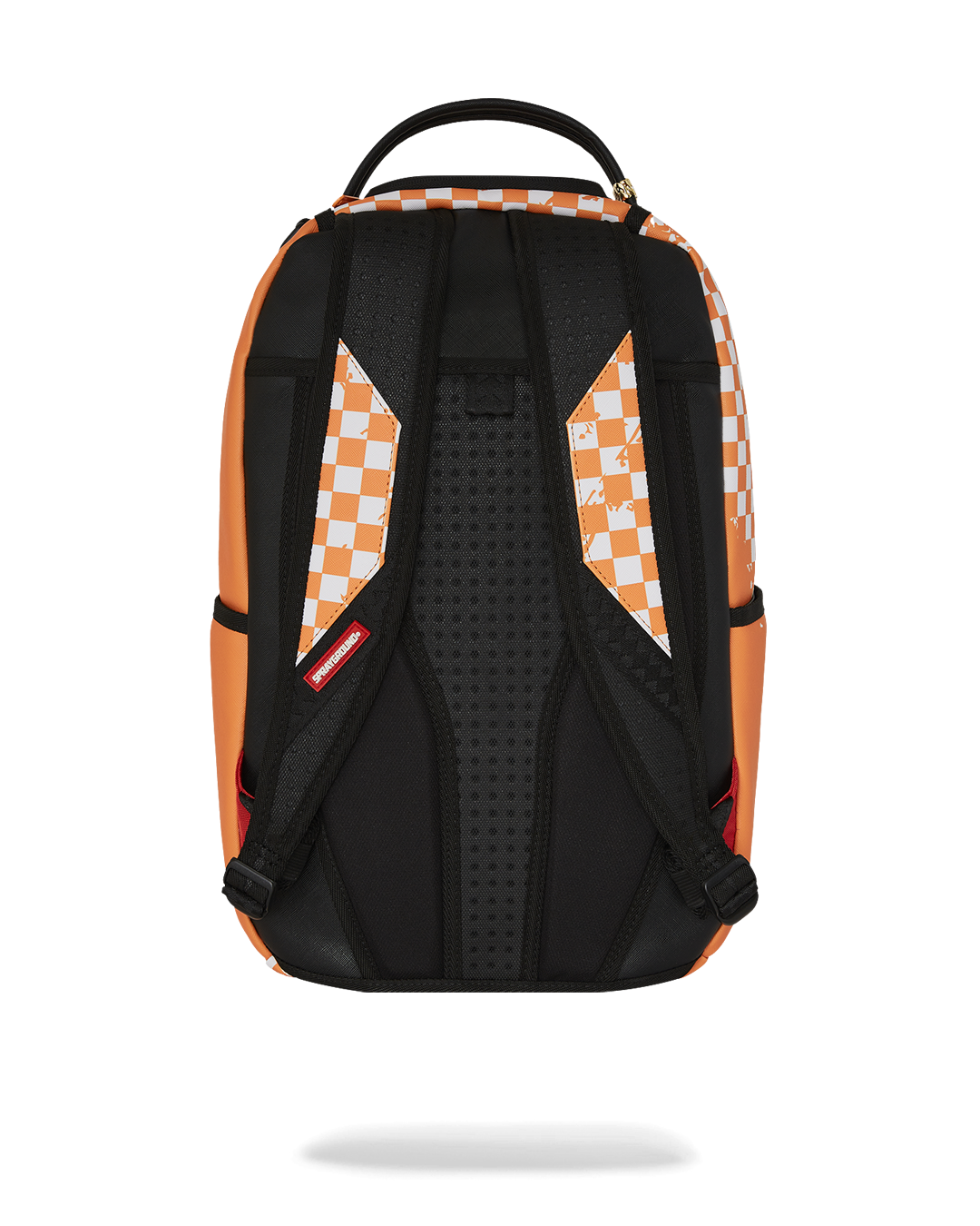 Front view of the faux leather checker backpack showing zipper pockets.