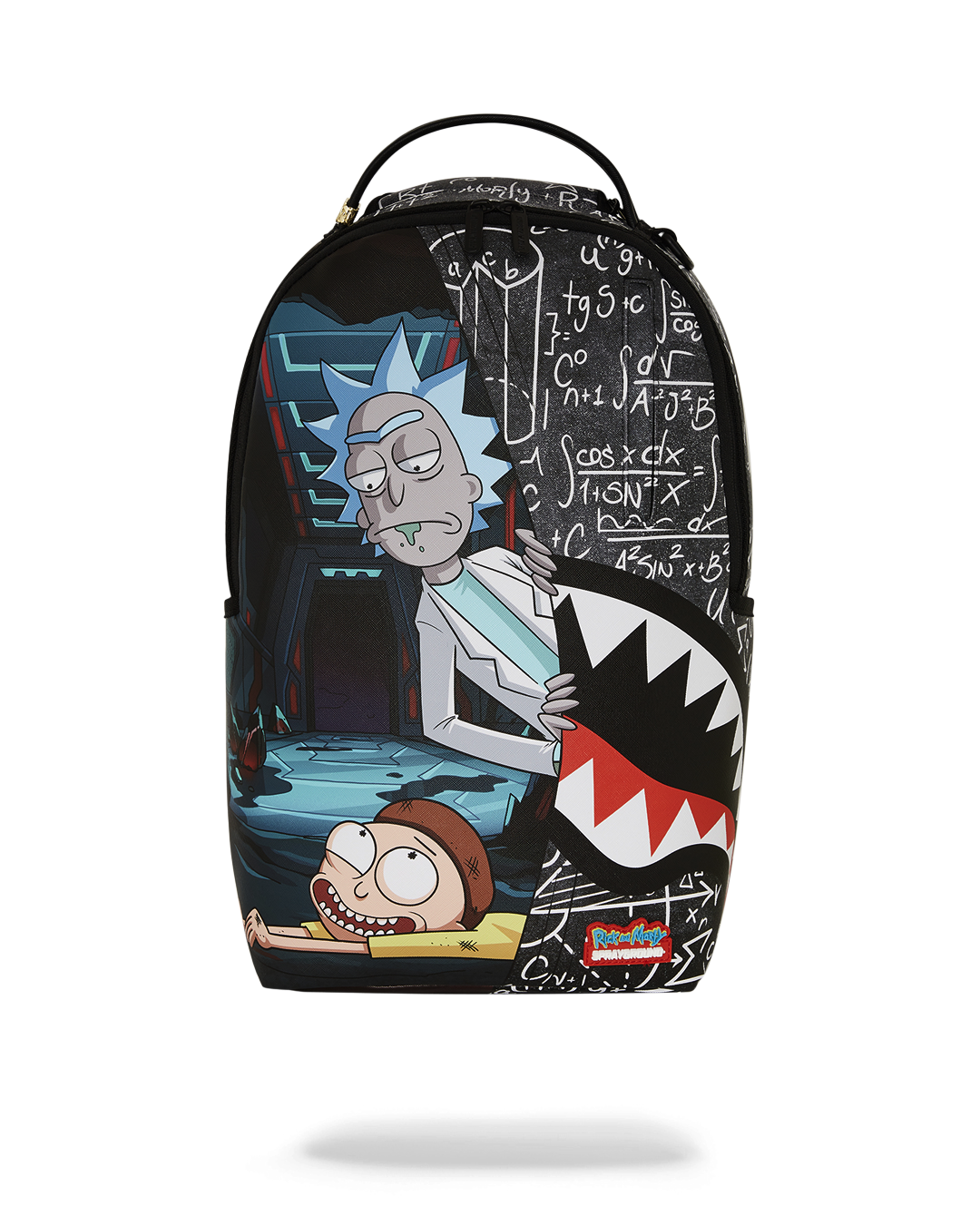 Front view of Rick and Morty limited edition backpack showcasing design and pockets.
