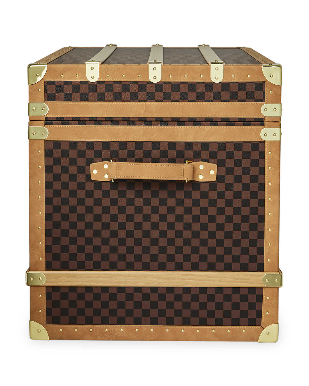 Steamer Trunk Wardrobe with wheels and cut and sew detailing, ready for travel.