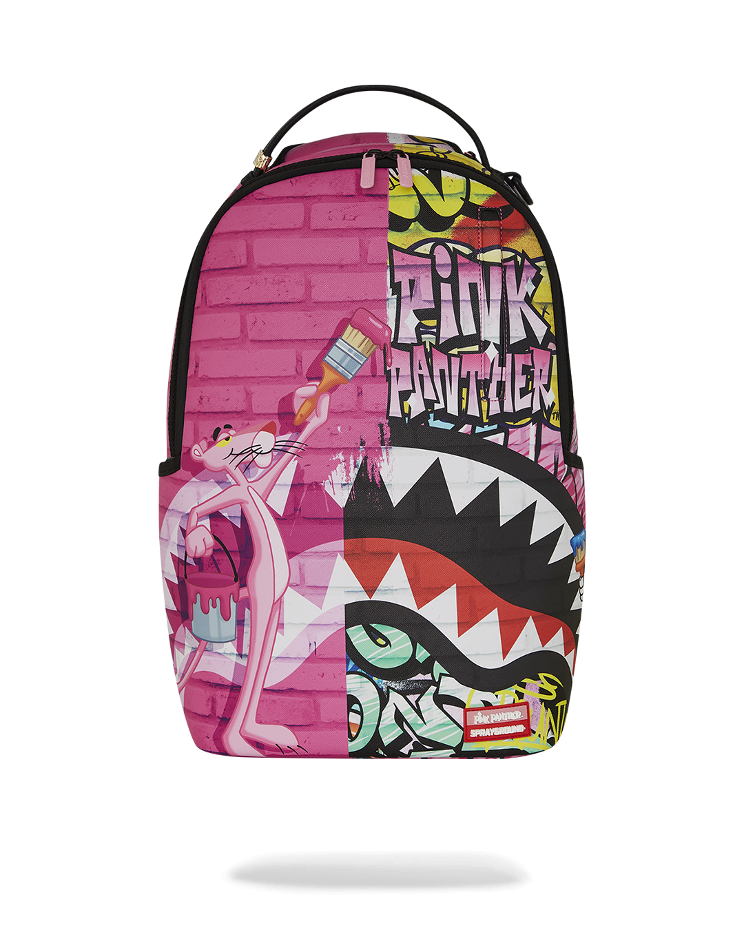 Front view of the Sprayground pink backpack showcasing the zipper details.