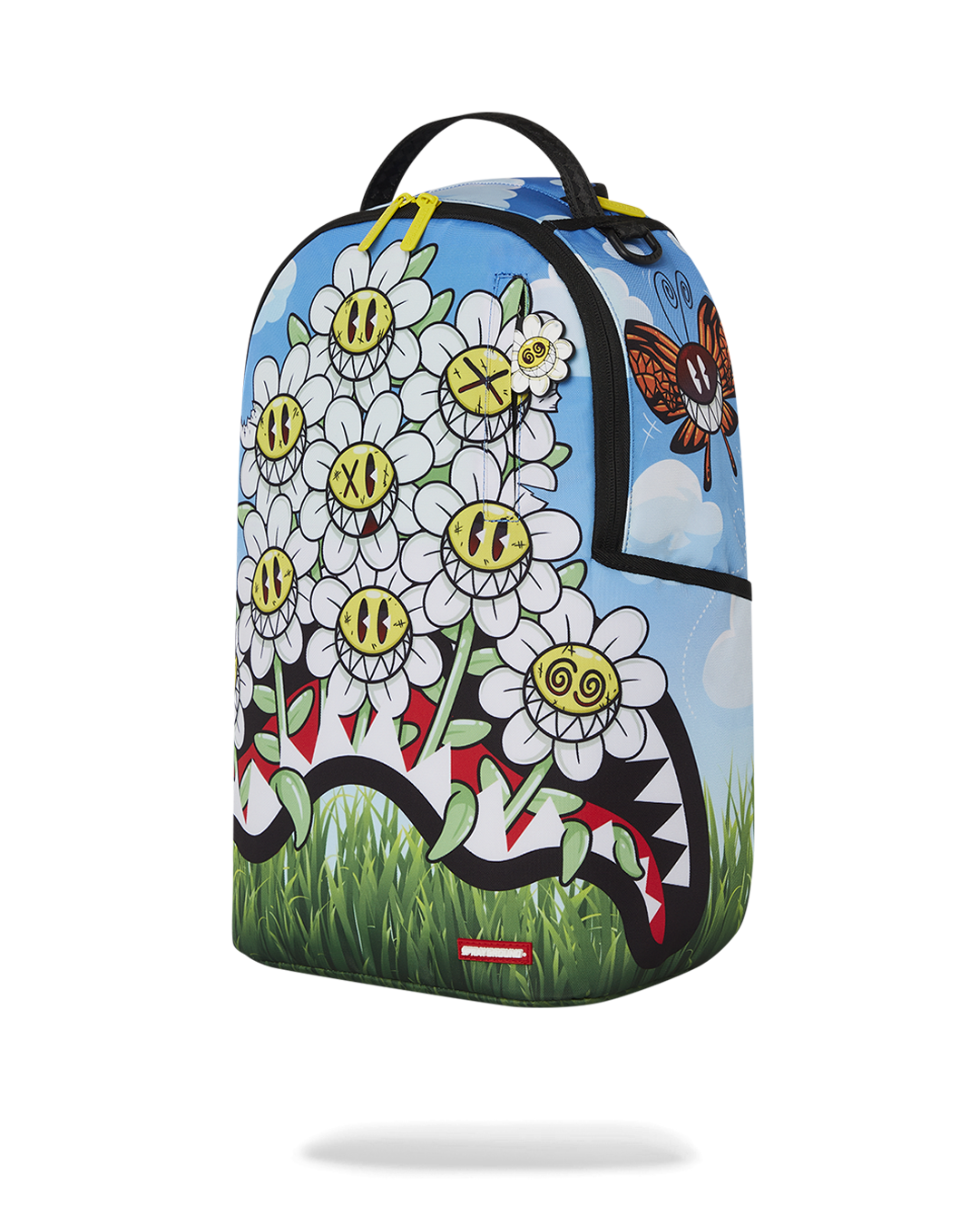 Back view of the Sprayground Crazy Daisy Backpack showing ergonomic mesh back padding