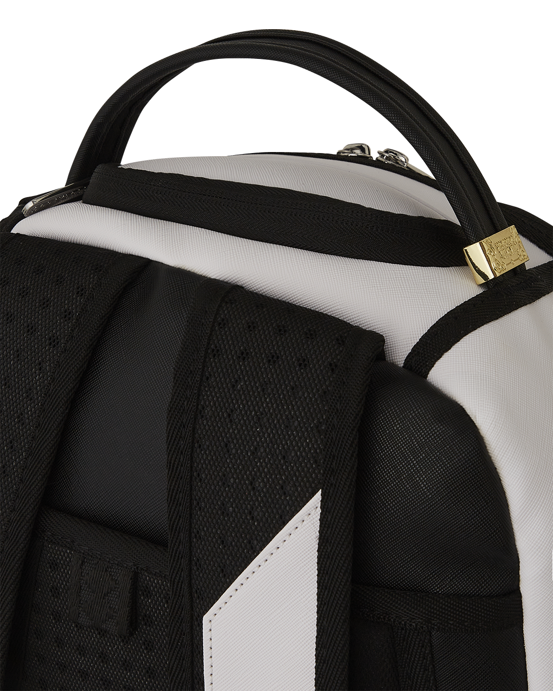 Side view of designer bag showing pockets and ergonomic straps