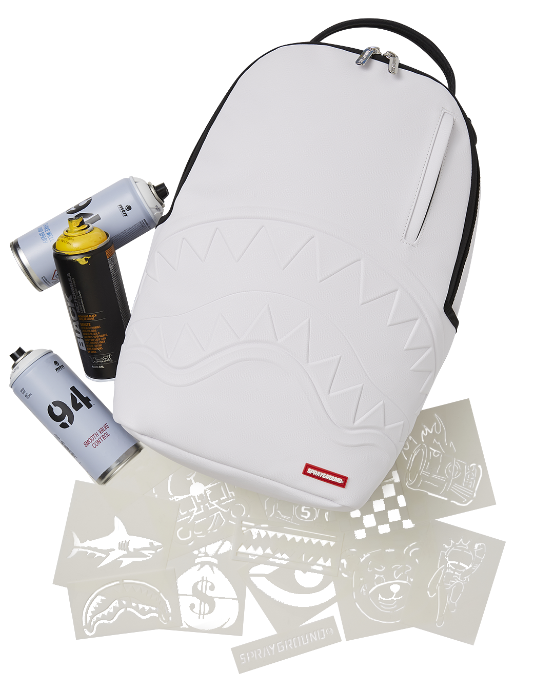 Custom graffiti artist backpack with stencil designs on urban street backdrop