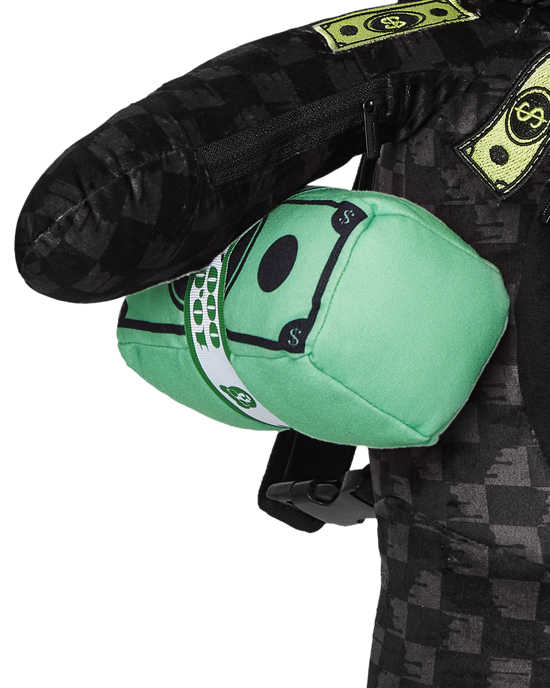Front-facing view of sprayground teddy bear backpack limited edition featuring slime green accents.