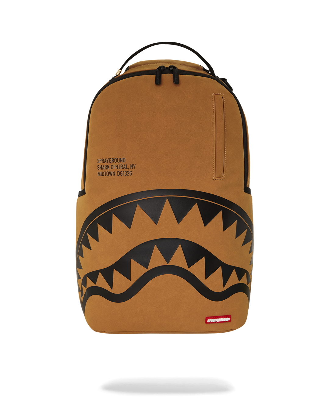 Shark backpack front view showing bold print and side pockets