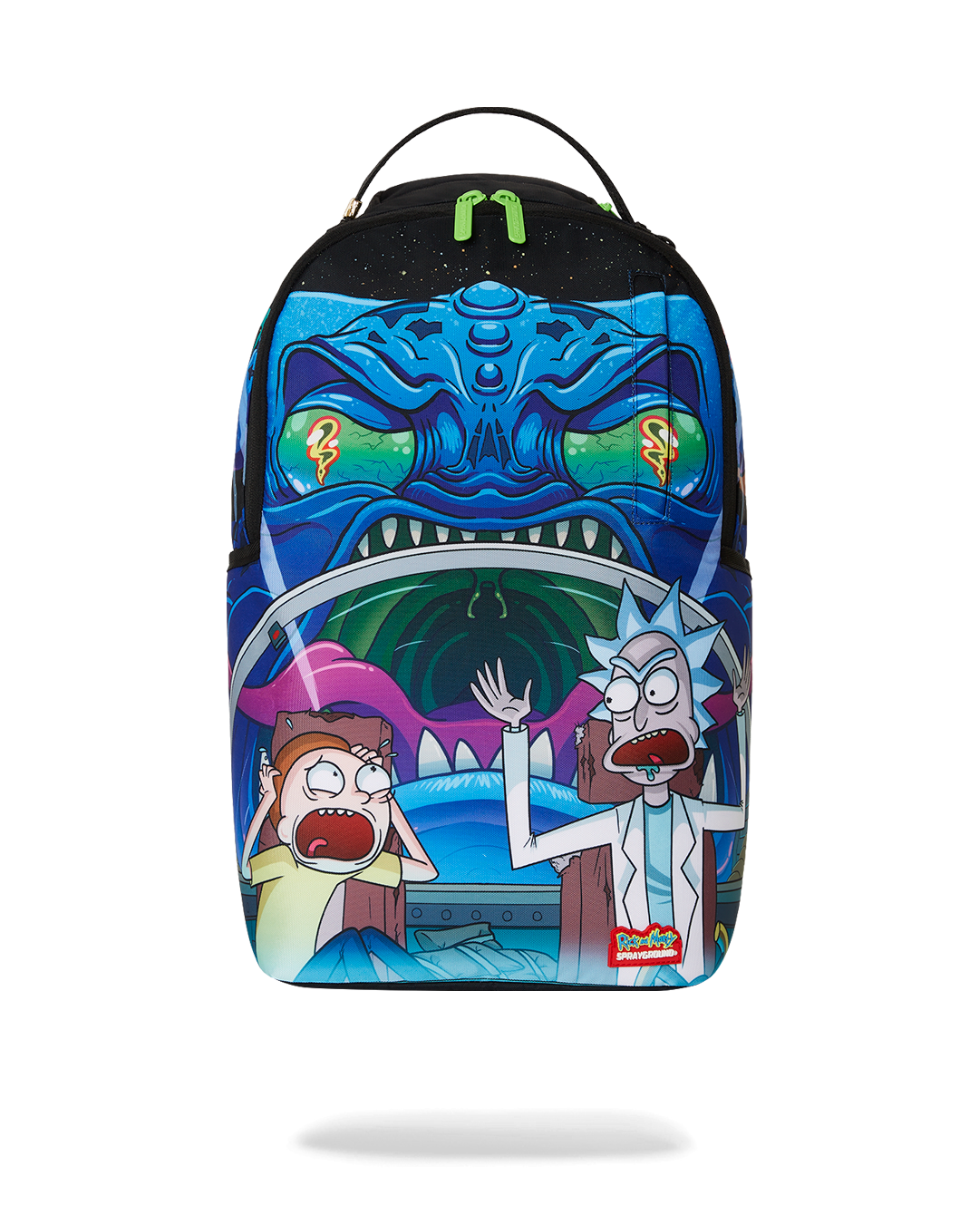 Sprayground pink backpack with Rick and Morty design, front view