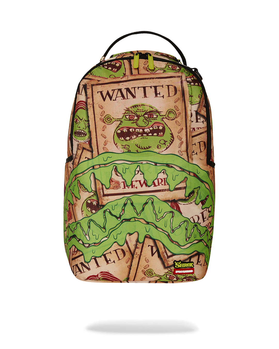Sprayground SHREK WANTED backpack front view with multiple pockets