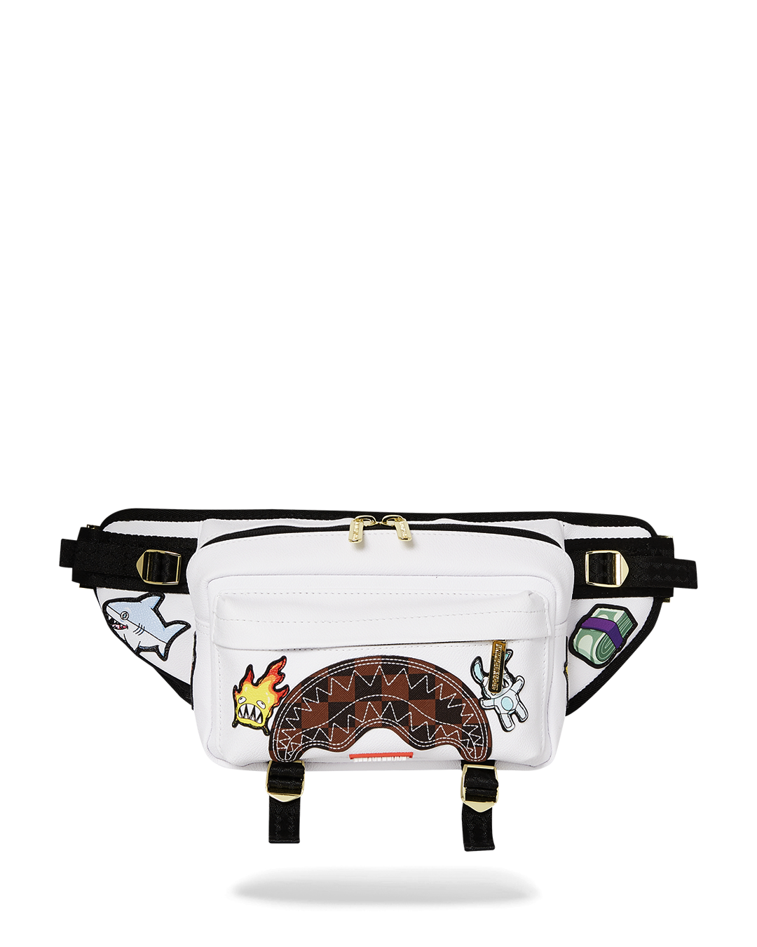 Close-up of the stylish cargo crossbody bag with embroidered sharkmouth detail and adjustable strap