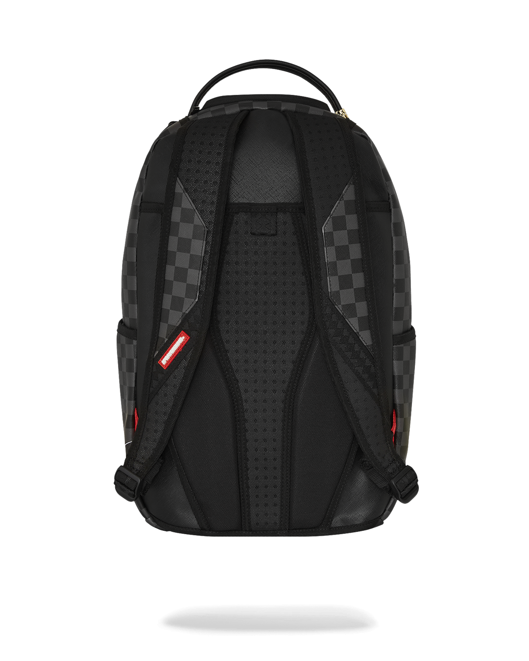 Front view of the Angry Birds x Money Boys faux leather backpack with gold zippers