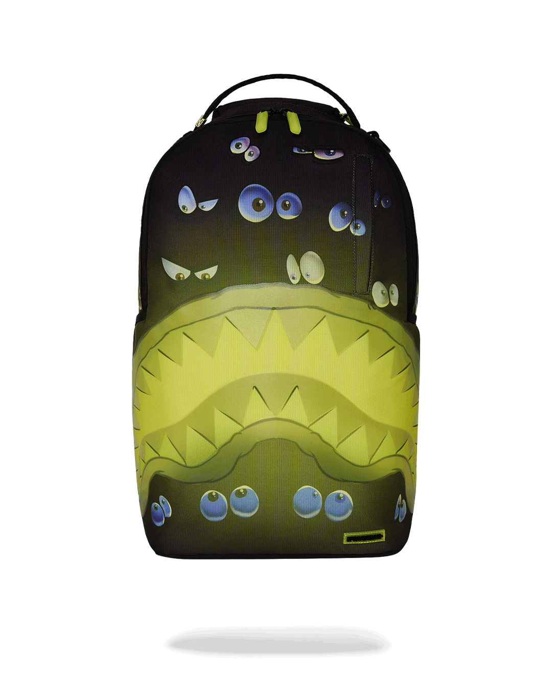 Front view of Sprayground backpack pink with glowing mouth design.