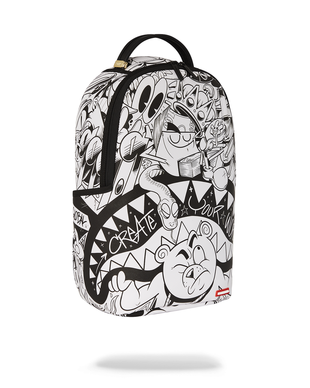 Doodle King backpack attached to rolling luggage, highlighting the slide-through sleeve.