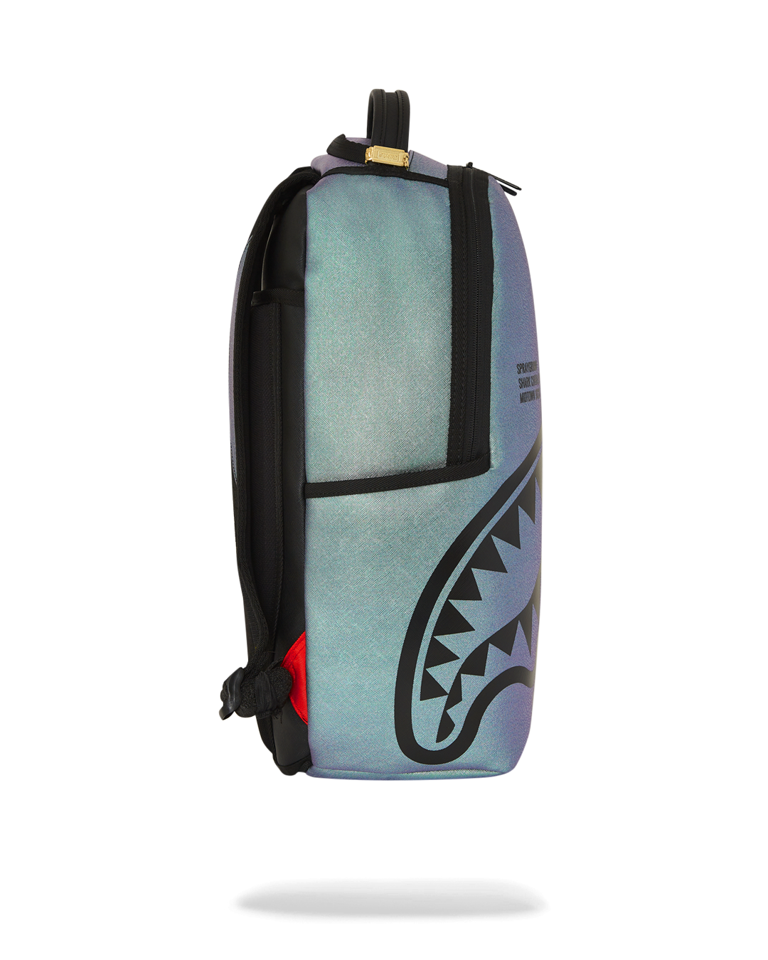 Close-up of iridescent backpack showcasing water-resistant fabric