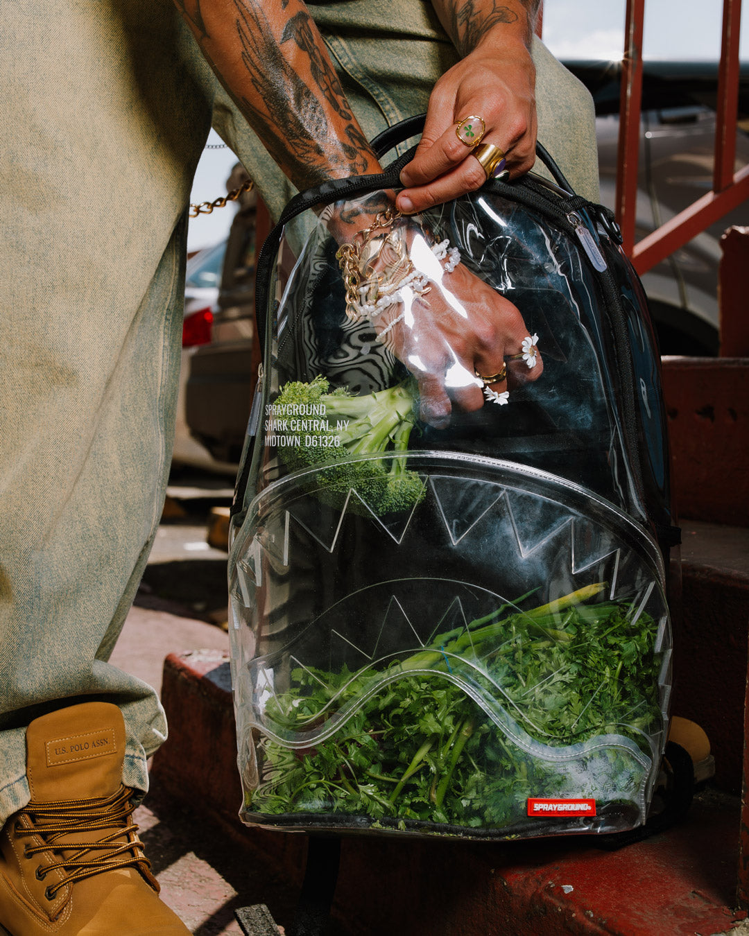 Side pockets and adjustable straps of the Shark Central clear backpack.