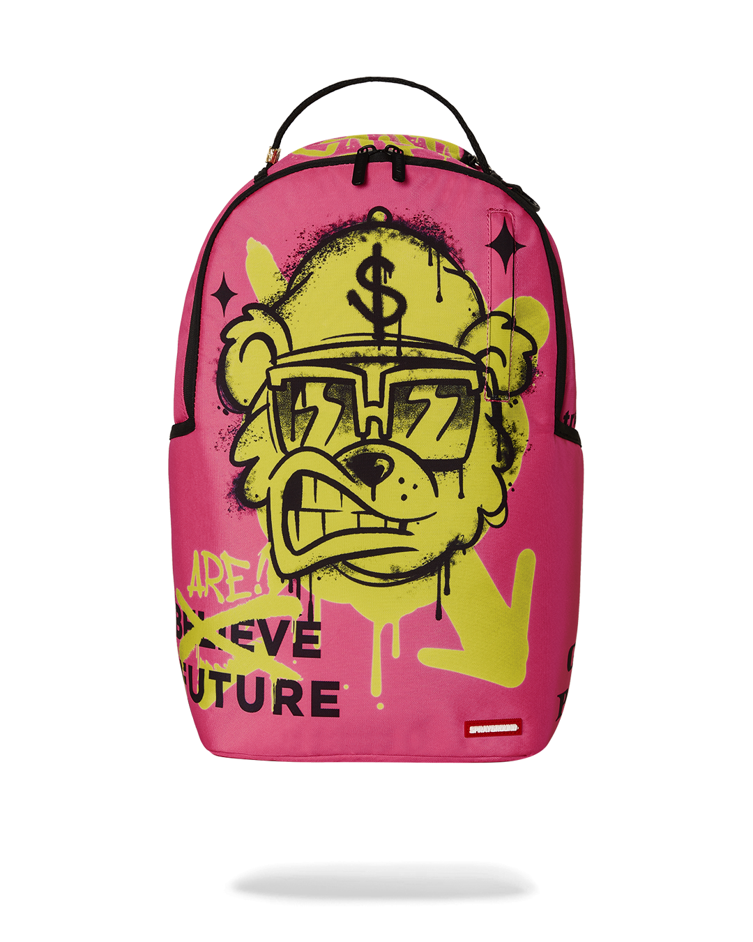 Side view of Future Flex Bear Backpack with adjustable straps and gold zippers.