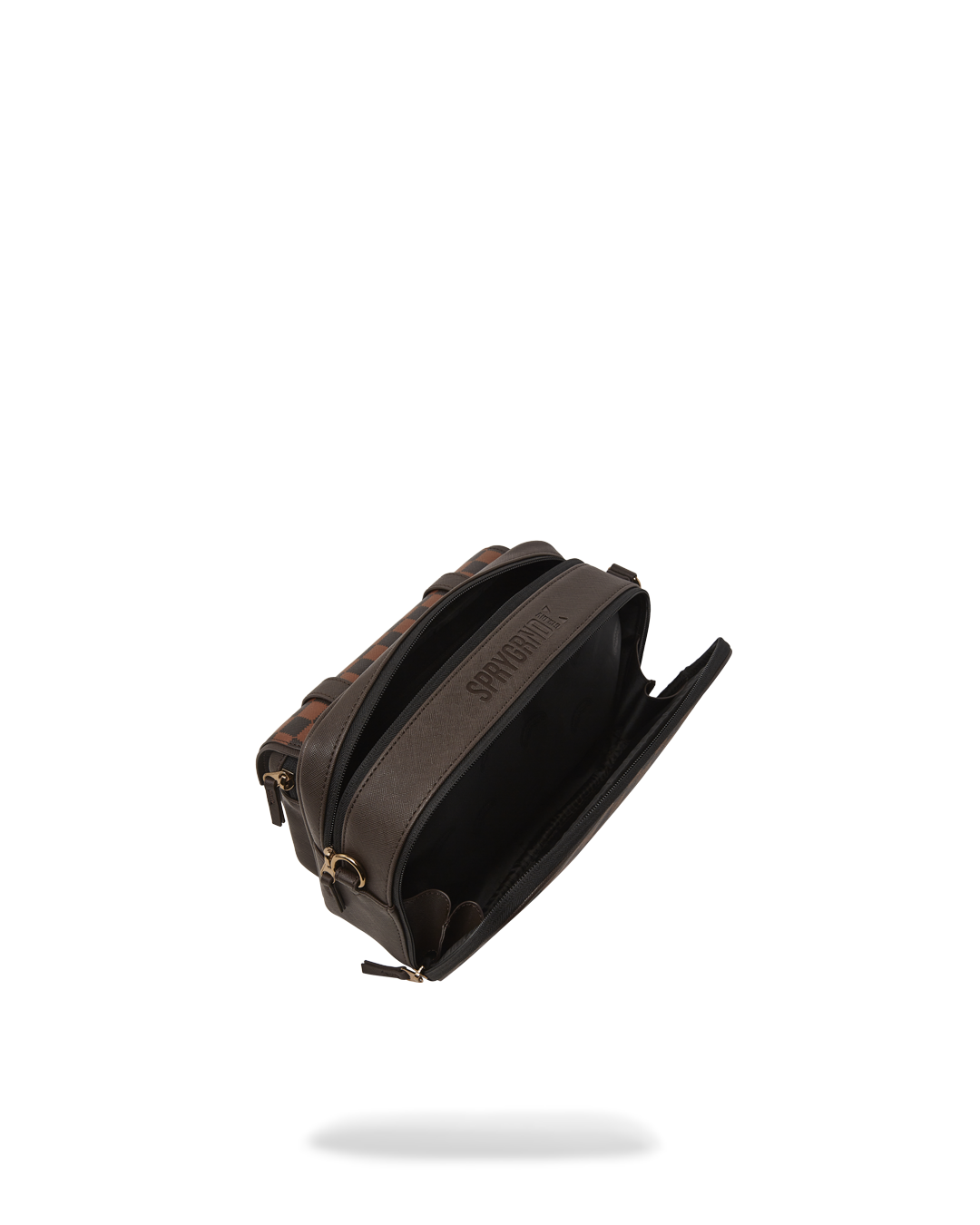 Top-down view of black crossbody bag showcasing shark-shaped cargo pocket