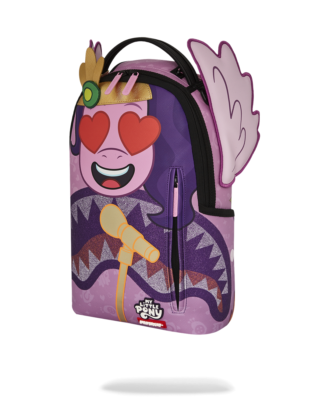 Front view highlighting the crown and wing embroidery on the backpack