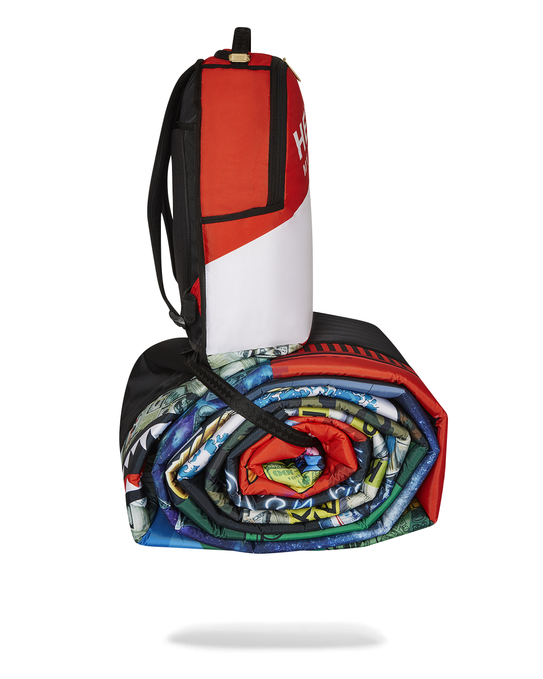 Front view of the limited edition Sprayground backpack with vibrant art designs.
